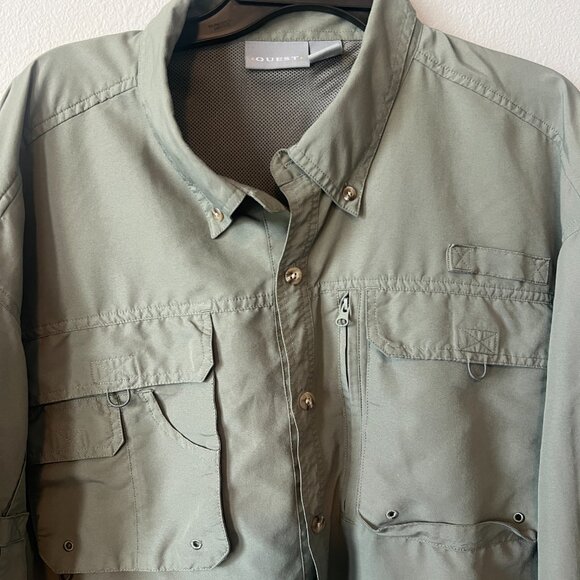 Quest Lightweight Olive Green Button Down Long Sleeve Fishing Shirt Size XL - Picture 2 of 11